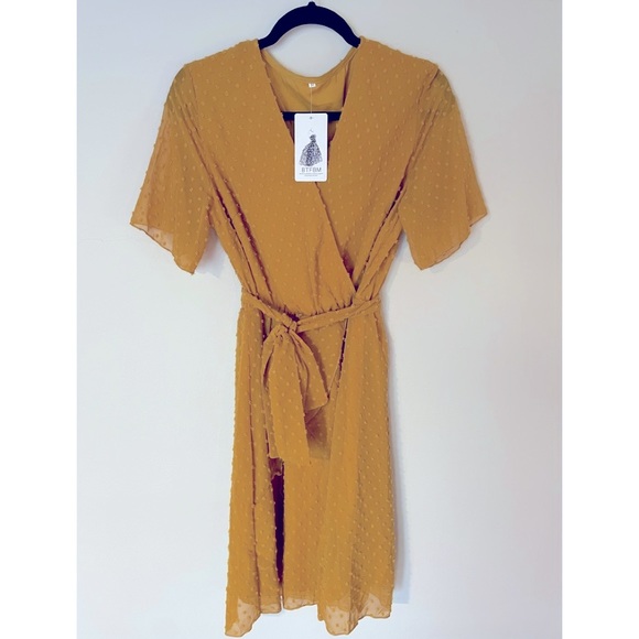 Dresses & Skirts - Mustard casual wrap with Swiss dots.